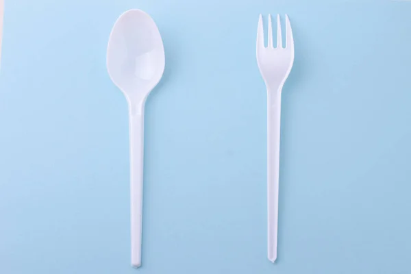 Plastic Disposable Fork Spoon Blue Background — Stock Photo, Image