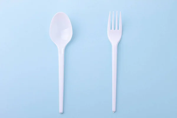 Plastic Disposable Fork Spoon Blue Background — Stock Photo, Image