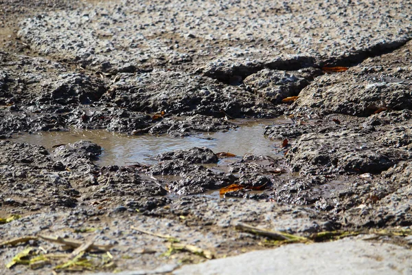 Pit Weg Met Een Plas Ontijdige Reparatie Van Wegen Verkeersveiligheidsproblemen — Stockfoto