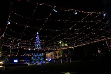 4 Ocak 2018, Balti, Moldova, gece kenti. Yeni yıl ve Noel tatilleri boyunca çelenk ve ışıklarla süslenmiş.