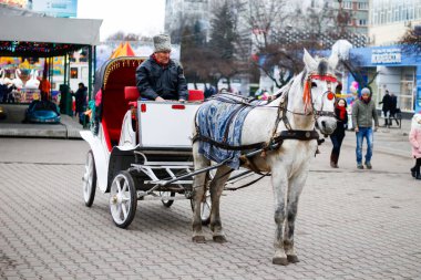 4 Ocak 2018, Balti, Moldova. Ulusal şapkalı at arabasında bir adam.