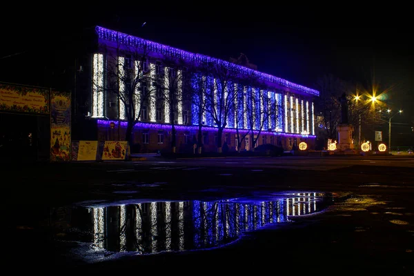 January 2018 Balti Moldova Night City Decorated Garlands Lights New — Stock Photo, Image