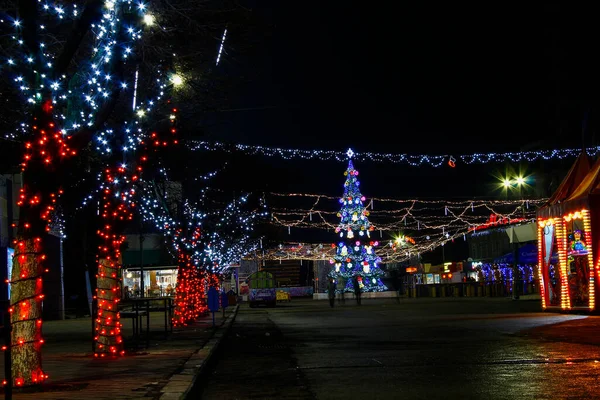 2018年1月4日 摩尔多瓦巴尔提 新年和圣诞节期间装饰有花环和彩灯的夜间城市 — 图库照片