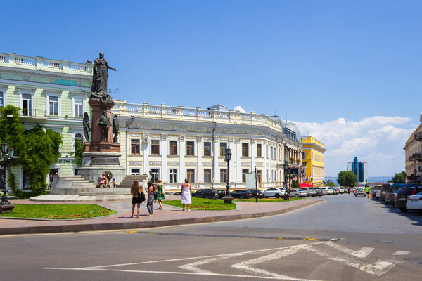 Odessa, Ukraine July 6, 2018 Monument to Catherine II and the founders of the city, the central most recognizable part of the city with authentic architecture on a sunny day