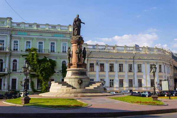 Odessa, Ukraine July 12, 2018 Monument to Catherine II and the founders of the city, the central most recognizable part of the city with authentic architecture on a sunny day