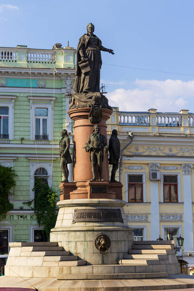 Odessa, Ukraine July 12, 2018 Monument to Catherine II and the founders of the city, the central most recognizable part of the city with authentic architecture on a sunny day