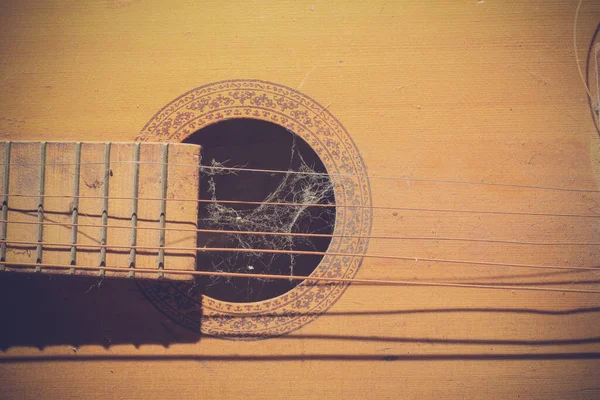 引き裂かれた弦とクモの巣を持つ古いほこりっぽいギター要素 トーンの背景 — ストック写真