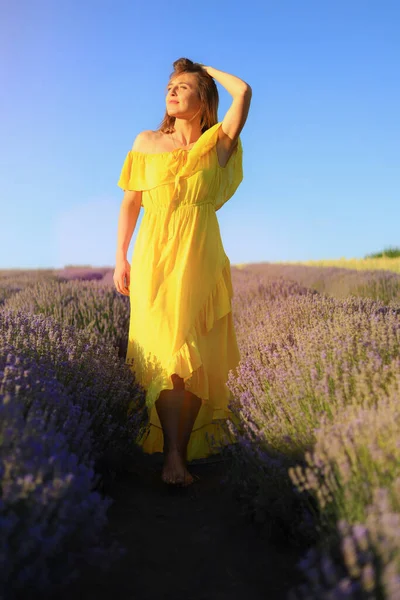 Happy young pretty modest smiling woman enjoying fresh air and aroma at sunset in a lavender field. The concept of freedom and unity with nature. Toned background. Lifestyle emotions