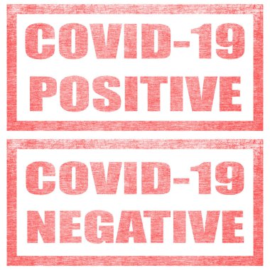 Beyaz arka planda kırmızı metinli iki pul seti. Covid-19 pozitif, Covid-19 olumsuz. Virüs testi.