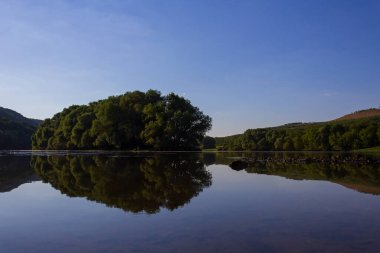 Çok güzel nehir suyu yüzeyi. Doğal yeşil arka plan. Seçici odak