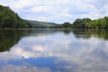 Çok güzel nehir suyu yüzeyi. Doğal yeşil arka plan. Seçici odak