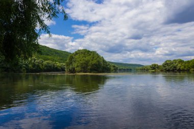 Çok güzel nehir suyu yüzeyi. Doğal yeşil arka plan. Seçici odak