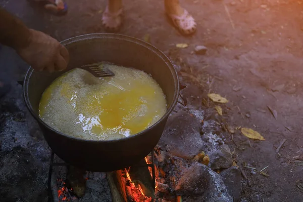 Abstract background on the theme of cooking in a camping or hiking setting. Selective focus with blurred background