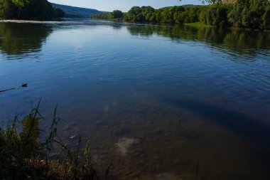Çok güzel nehir suyu yüzeyi. Doğal yeşil arka plan. Seçici odak