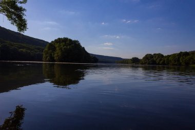 Çok güzel nehir suyu yüzeyi. Doğal yeşil arka plan. Seçici odak
