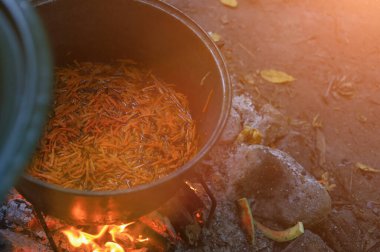 Kamp ya da yürüyüş ortamında yemek pişirme temasının soyut bir özeti. Bulanık arkaplan ile seçmeli odak
