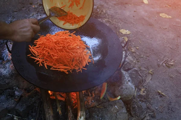 Abstract background on the theme of cooking in a camping or hiking setting. Selective focus with blurred background