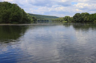 Çok güzel nehir suyu yüzeyi. Doğal yeşil arka plan. Seçici odak