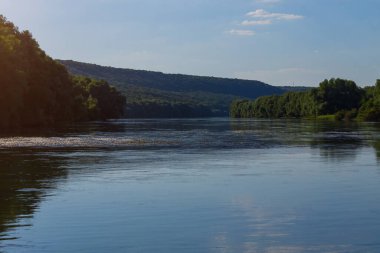 Çok güzel nehir suyu yüzeyi. Doğal yeşil arka plan. Seçici odak