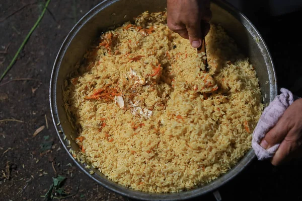 Abstract background on the theme of cooking in a camping or hiking setting. Selective focus with blurred background