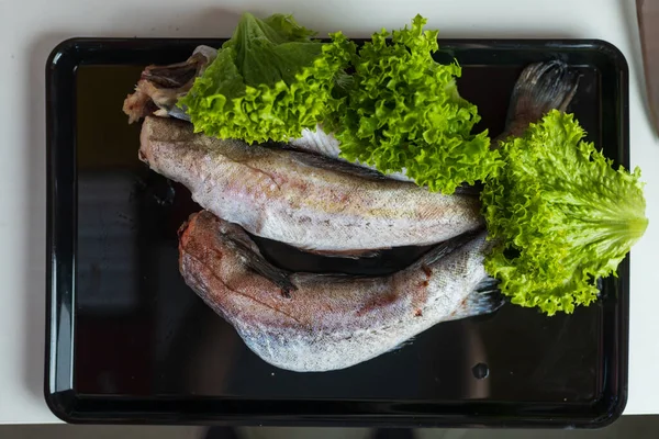 Merluza Pescado Crudo Fondo Culinario Abstracto Cocinar Alimentos Saludables Para —  Fotos de Stock