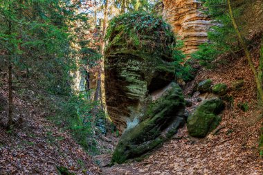 Sonbahar aylarında sık ormanların arasında görkemli kaya oluşumu.
