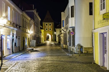 Geceleyin aydınlık binalar ve kemerli tarihi Avrupa kaldırım taşı caddesi. 20 Mart 2025, Cesky Krumlov, Çek.