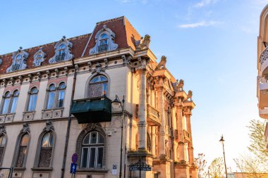 Mavi gökyüzüne karşı dekoratif mimarisi olan tarihi Avrupa binası. 3 Mayıs 2025 Romanya.