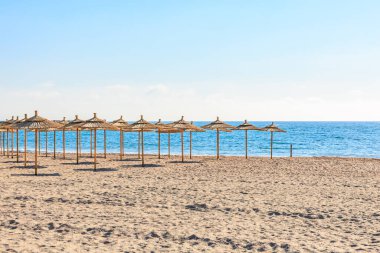 Açık bir günde okyanusun kenarında boş saman şemsiyeleri olan güneşli bir sahil..