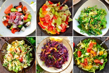 Çeşitli yaz sebze salatalarının kolajı. Sebze salatası yakın plan. Lattuk, domates, salatalık, avokado, roka. Üst Manzara. Lezzetli vejetaryen yemekleri