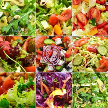 Çeşitli yaz sebze salatalarının kolajı. Sebze salatası yakın plan. Lattuk, domates, salatalık, avokado, roka. Üst Manzara. Lezzetli vejetaryen yemekleri