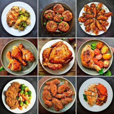 Çeşitli yiyeceklerin kolajı. Et tabakları. Köfte, nugget, tavuk kanadı, tavuk nefis.