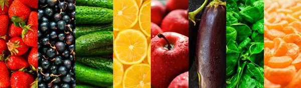 多汁的成熟蔬菜和水果 健康的新鲜食物 素食主义和素食主义 食物拼贴 蔬菜的结合体 植物食物种类繁多 — 图库照片