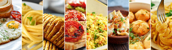 Collage of varied cooked food. Assortment and menu for the cafe.