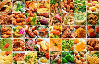 Doğal gıda kolajı. Yemek arkaplanı. Sebze ve et yemekleri..