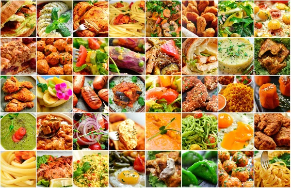 Naturligt Matkollage Matbakgrund Grönsaks Och Kötträtter — Stockfoto