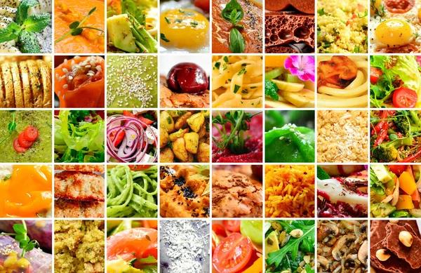 Doğal gıda kolajı. Yemek arkaplanı. Sebze tabakları ve meyveler yakın plan.