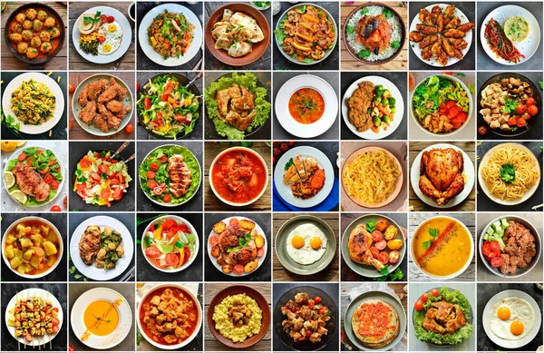 天然食物拼贴 食品背景 蔬菜和肉食 盘子里的食物 — 图库照片