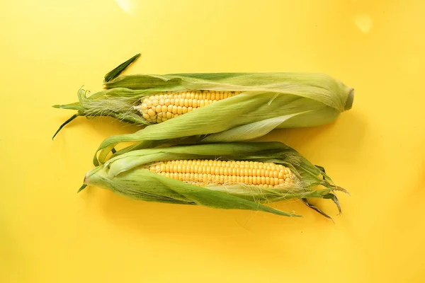 Две Кукурузы Жёлтом Фоне Минимальная Концепция Питания Вид Сверху — стоковое фото