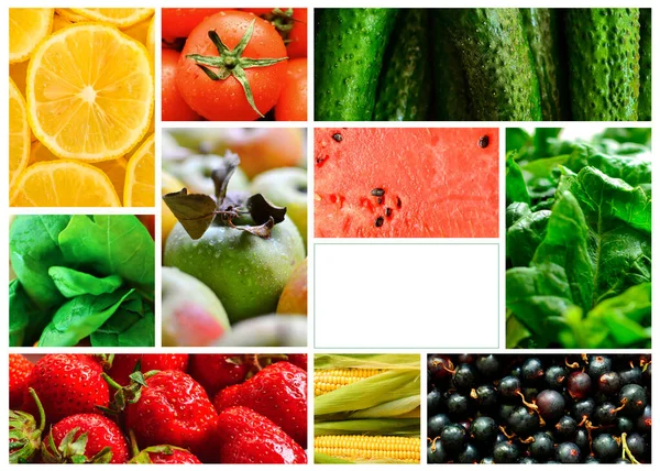Food Collage Fruits Vegetables Healthy Vegetarian Food Free Space Text — Stock Photo, Image