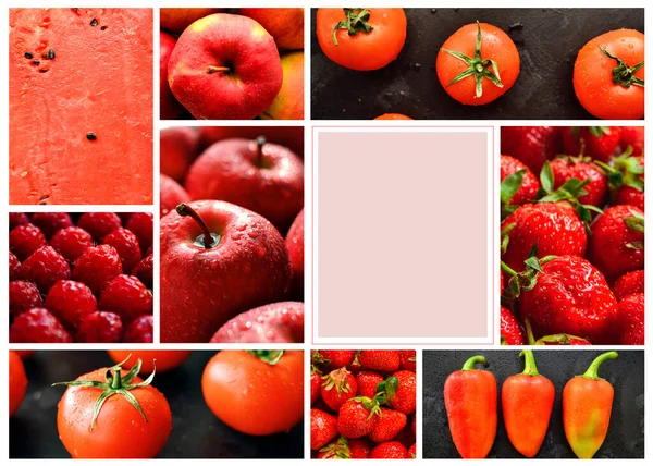 Food collage. Fruits and vegetables. Healthy vegetarian food. Free space for text. Menu cover, assortment. Closeup