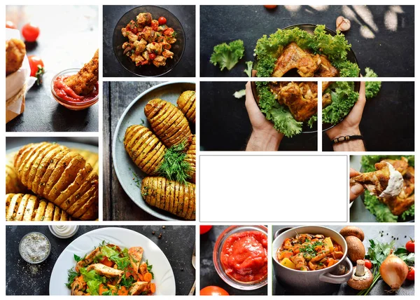 Various Tasty Food Close Food Collage Assortment Menu Free Space — Stock Photo, Image