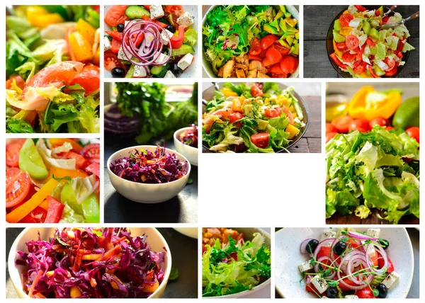 様々な夏の野菜サラダのコラージュ 野菜サラダのクローズアップ Lattuk トマト キュウリ アボカド ルッコラ トップ表示 — ストック写真
