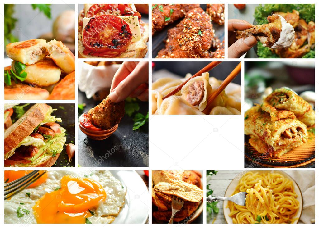 Various tasty food close-up. Food collage. Assortment and menu. Free space for text.