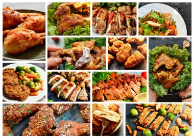 Çeşitli lezzetli yiyecekleri yakın plan çekiyoruz. Yemek kolajı. Çeşitli menüler. Metin için boş alan.