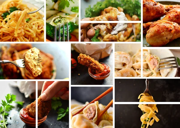 Various Tasty Food Close Food Collage Assortment Menu Free Space — Stock Photo, Image