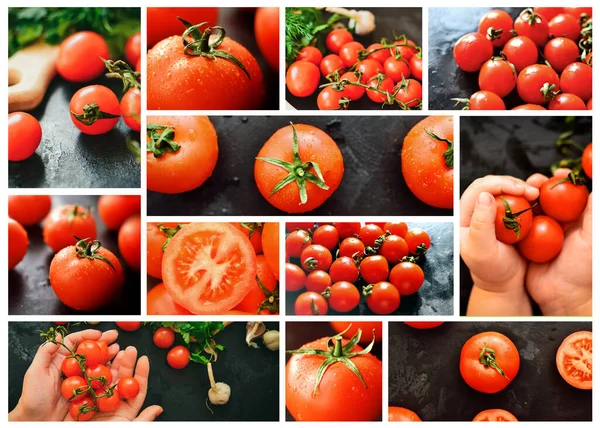 チェリートマトのコラージュ 手にトマト 暗い背景に テキスト用の場所 食物コラージュ 赤いトマトを熟す — ストック写真