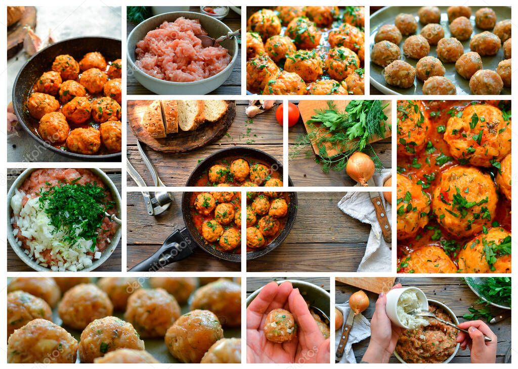 Chicken meatballs in tomato sauce. Meatball recipe, step by step cooking. Food collage.