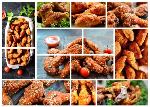 Food collage, food banner, cover for menu. Fried chicken wings in sesame seeds. Nuggets, close-up.