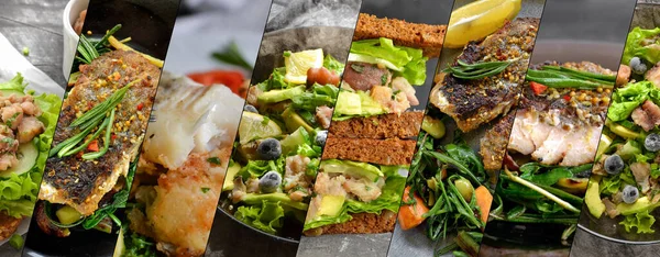Collage Varios Alimentos Ensalada Pescado Sandwich Con Lechuga Aguacate Collage — Foto de Stock